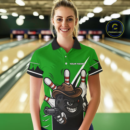 Funny Cowboy gun bowling ball and pins Bowling shirt for Women Custom bowling team jersey | Green NQS10691