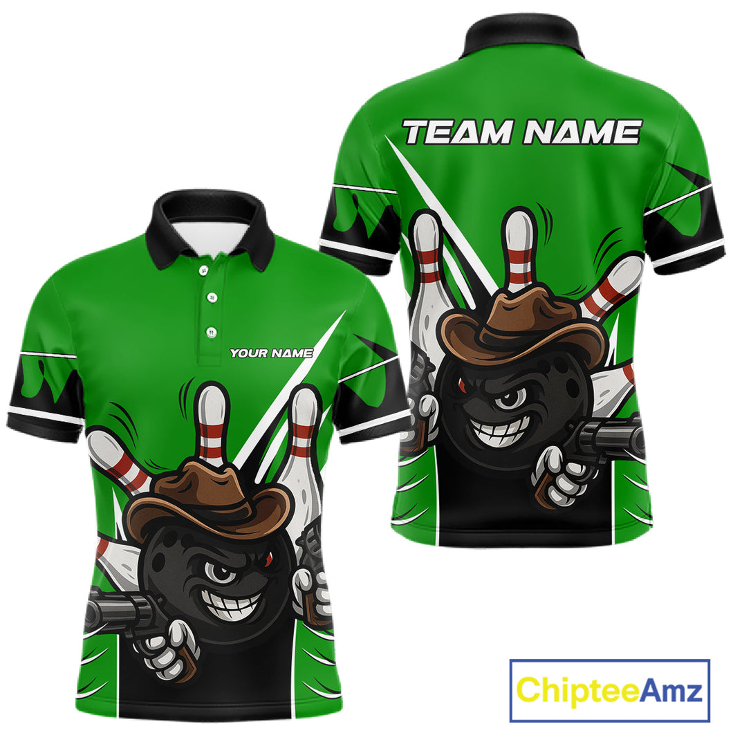Funny Cowboy gun bowling ball and pins Bowling shirt for Men Custom bowling team jersey | Green NQS10691