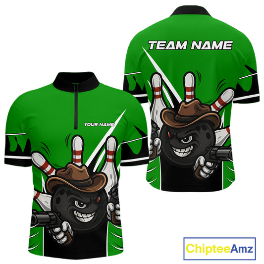 Funny Cowboy gun bowling ball and pins Bowling shirt for Men Custom bowling team jersey | Green NQS10691