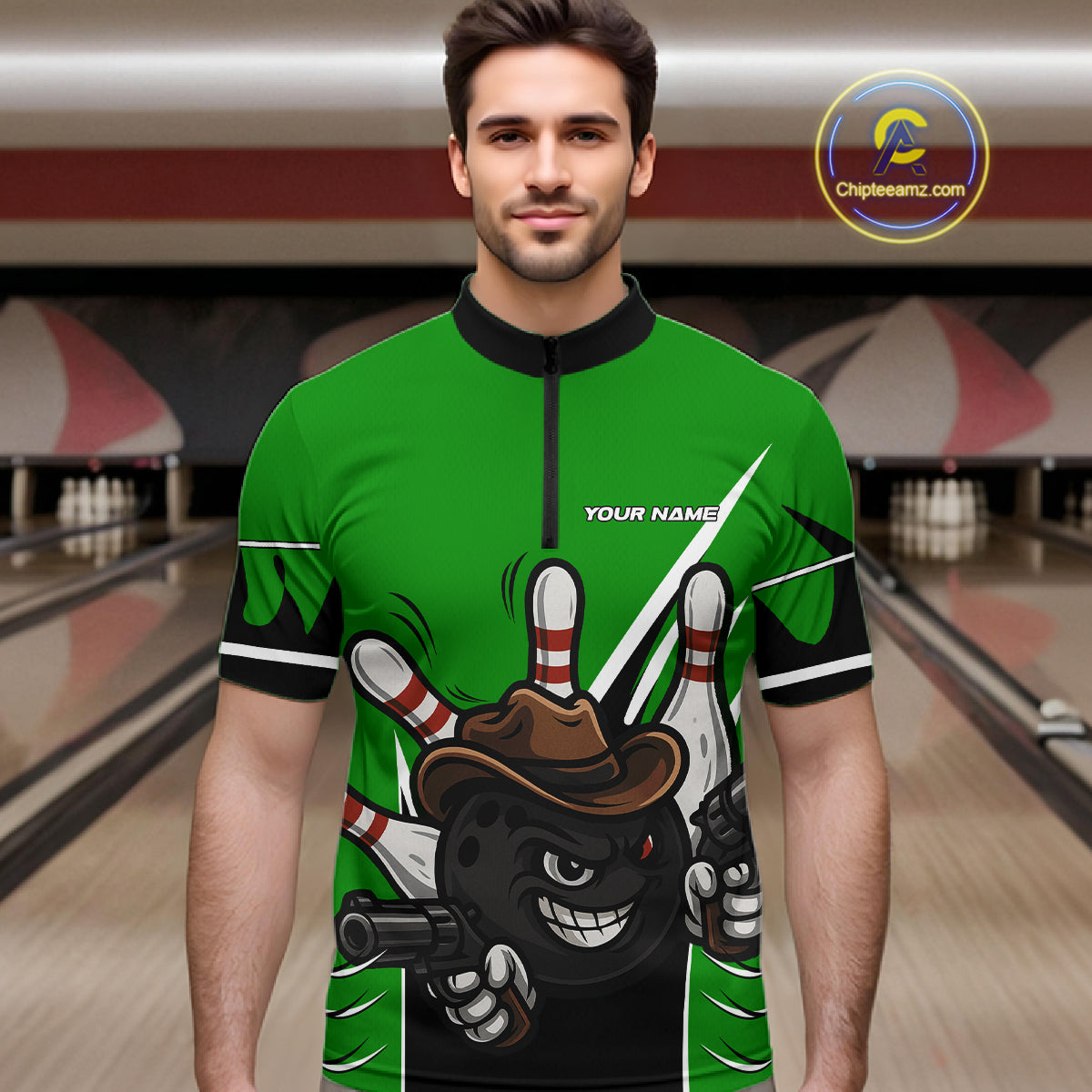 Funny Cowboy gun bowling ball and pins Bowling shirt for Men Custom bowling team jersey | Green NQS10691