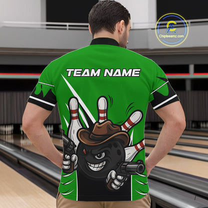 Funny Cowboy gun bowling ball and pins Bowling shirt for Men Custom bowling team jersey | Green NQS10691
