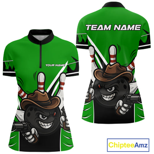 Funny Cowboy gun bowling ball and pins Bowling shirt for Women Custom bowling team jersey | Green NQS10691