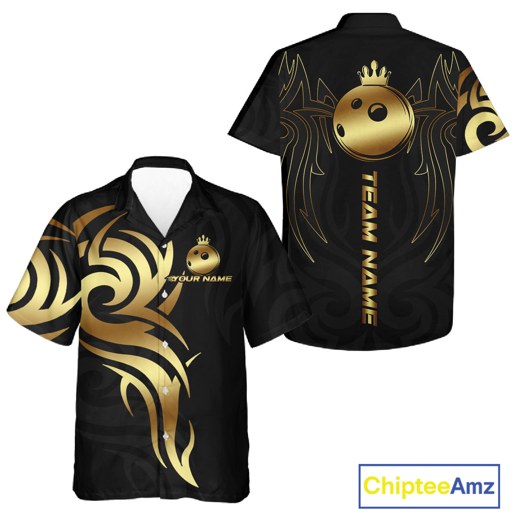 Black and Gold crown Bowling ball Hawaiian Shirt Custom Bowling Team Button Up Shirt NQS10499