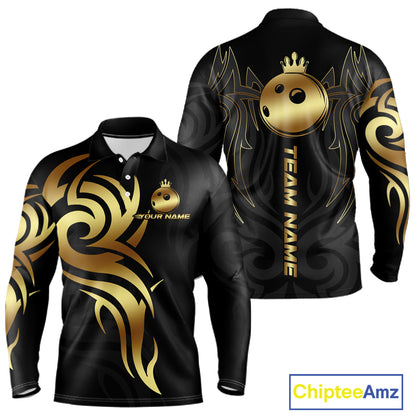 Black and Gold crown Bowling ball Polo, Quarter Zip Shirts for Men Custom Bowling Team jerseys NQS10499