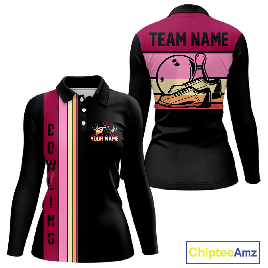 Black and Pink Retro Bowling Polo, Quarter Zip Shirts for Women Custom Team Bowling League Jerseys NQS10503