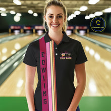Load image into Gallery viewer, Black and Pink Retro Bowling Polo, Quarter Zip Shirts for Women Custom Team Bowling League Jerseys NQS10503
