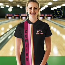 Load image into Gallery viewer, Black and Pink Retro Bowling Polo, Quarter Zip Shirts for Women Custom Team Bowling League Jerseys NQS10503