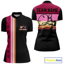 Load image into Gallery viewer, Black and Pink Retro Bowling Polo, Quarter Zip Shirts for Women Custom Team Bowling League Jerseys NQS10503