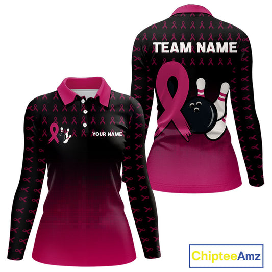 Black and Pink ribbon pattern Bowling shirts for Women Custom breast cancer bowling team jerseys NQS10158