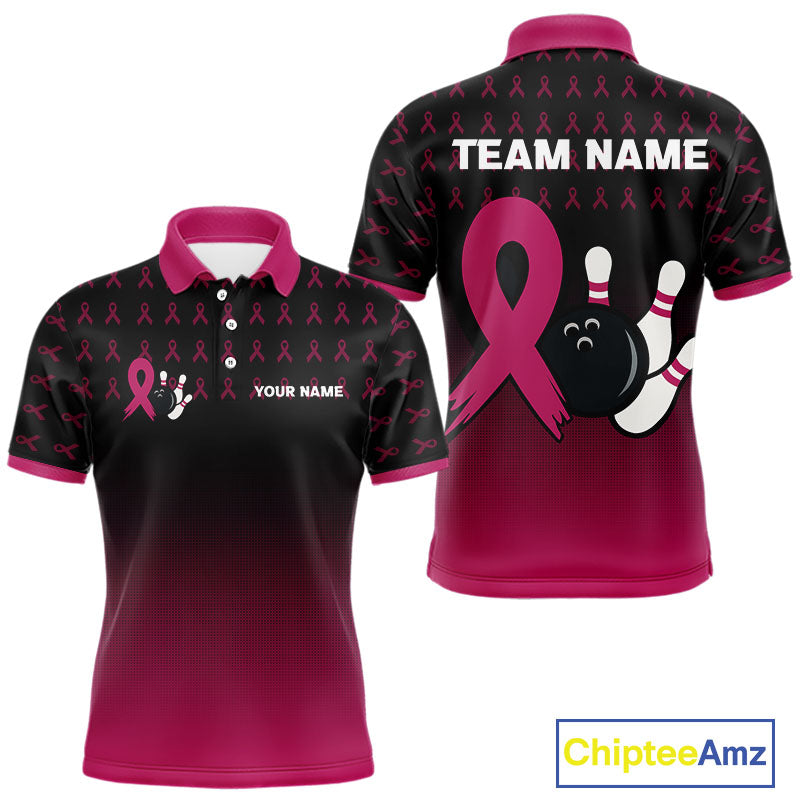 Black and Pink ribbon pattern Bowling shirts for Men Custom breast cancer bowling team jerseys NQS10158