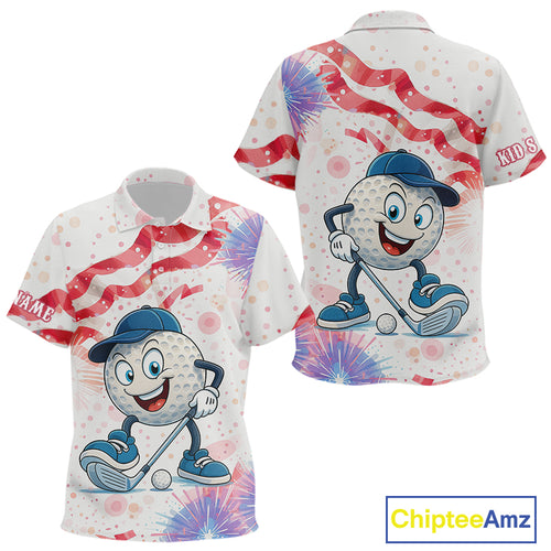 Funny Golf Ball Watercolor red, white and blue Kid golf polo shirt custom patriotic fun golf shirts NQS10293