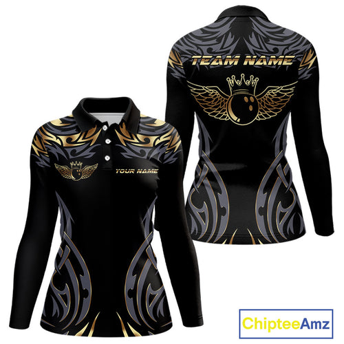 Personalized Black And Gold tribal pattern Bowling Shirts For Women, angel wings Bowling Team jerseys NQS10298