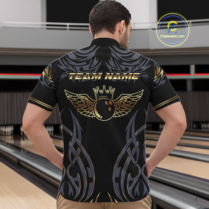 Personalized Black And Gold tribal pattern Bowling Shirts For Men, angel wings Bowling Team jerseys NQS10298