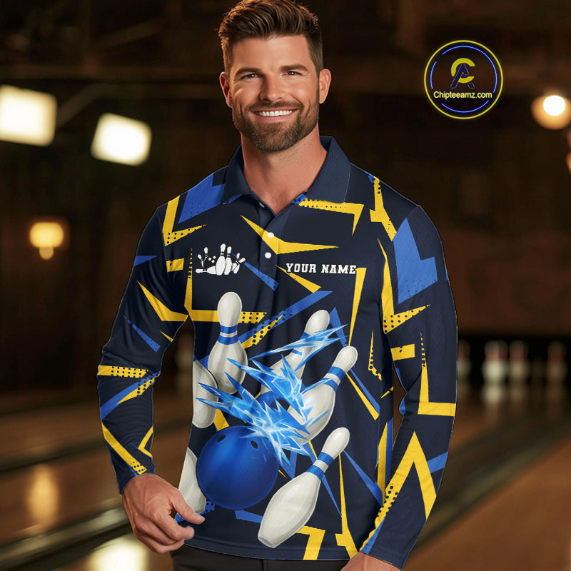 Personalized Blue And Yellow camo lightning thunder Bowling Shirts For Men Custom Bowling Team jersey NQS10305