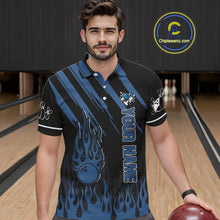Load image into Gallery viewer, Black and Blue Flame Retro Bowling Polo, Quarter Zip Shirt for Men Custom Vintage Team Bowling Jersey NQS10504