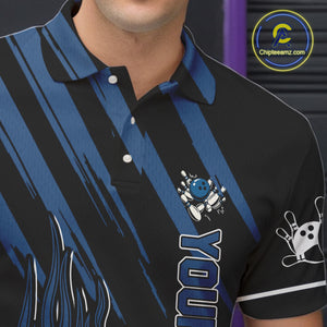Black and Blue Flame Retro Bowling Polo, Quarter Zip Shirt for Men Custom Vintage Team Bowling Jersey NQS10504