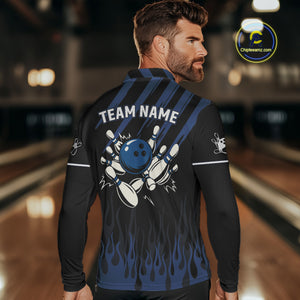 Black and Blue Flame Retro Bowling Polo, Quarter Zip Shirt for Men Custom Vintage Team Bowling Jersey NQS10504