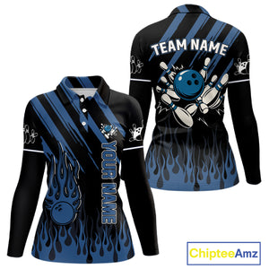 Black & Blue Flame Retro Bowling Polo, Quarter Zip Shirt for Women Custom Vintage Team Bowling Jersey NQS10504