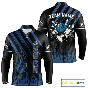 Black and Blue Flame Retro Bowling Polo, Quarter Zip Shirt for Men Custom Vintage Team Bowling Jersey NQS10504