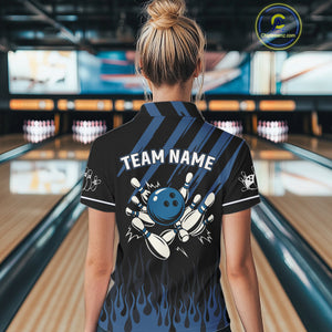Black & Blue Flame Retro Bowling Polo, Quarter Zip Shirt for Women Custom Vintage Team Bowling Jersey NQS10504