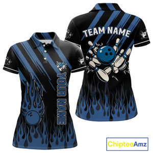Black & Blue Flame Retro Bowling Polo, Quarter Zip Shirt for Women Custom Vintage Team Bowling Jersey NQS10504