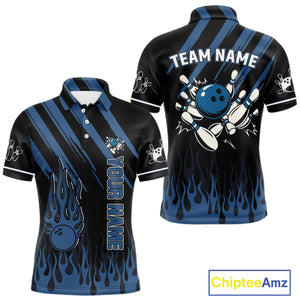 Black and Blue Flame Retro Bowling Polo, Quarter Zip Shirt for Men Custom Vintage Team Bowling Jersey NQS10504
