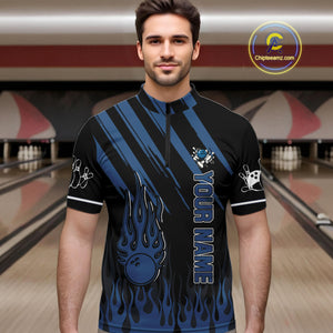 Black and Blue Flame Retro Bowling Polo, Quarter Zip Shirt for Men Custom Vintage Team Bowling Jersey NQS10504