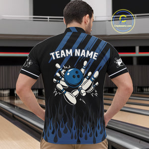 Black and Blue Flame Retro Bowling Polo, Quarter Zip Shirt for Men Custom Vintage Team Bowling Jersey NQS10504