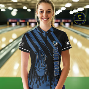 Black & Blue Flame Retro Bowling Polo, Quarter Zip Shirt for Women Custom Vintage Team Bowling Jersey NQS10504