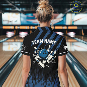 Black & Blue Flame Retro Bowling Polo, Quarter Zip Shirt for Women Custom Vintage Team Bowling Jersey NQS10504