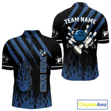 Load image into Gallery viewer, Black and Blue Flame Retro Bowling Polo, Quarter Zip Shirt for Men Custom Vintage Team Bowling Jersey NQS10504