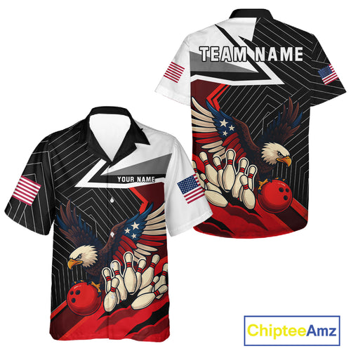 Black & Red American Flag Eagle Bowling Hawaiian Shirt Custom patriotic Team Bowling Button Up Shirt NQS10517
