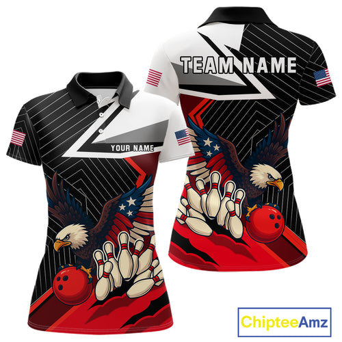 Black and Red American Flag Eagle Bowling Shirts for Women Custom patriotic Team Bowling Jersey NQS10517