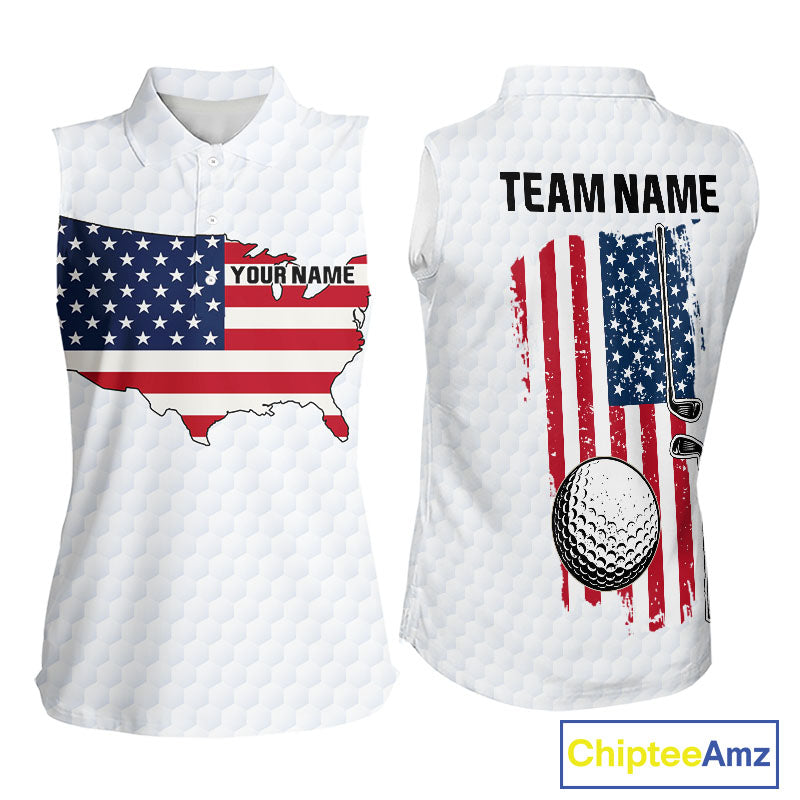 Personalized American Flag Women sleeveless polo shirt Custom Patriotic Golf outfit For ladies NQS10183