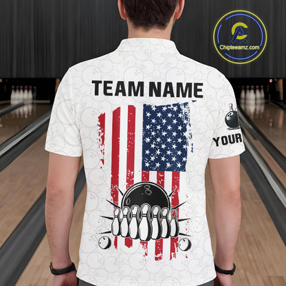 Personalized American Flag White Bowling Shirts For Men Custom patriotic Team Bowling jerseys NQS10184