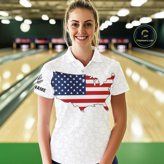 Personalized American Flag White Bowling Shirts For Women Custom patriotic Team Bowling jerseys NQS10184