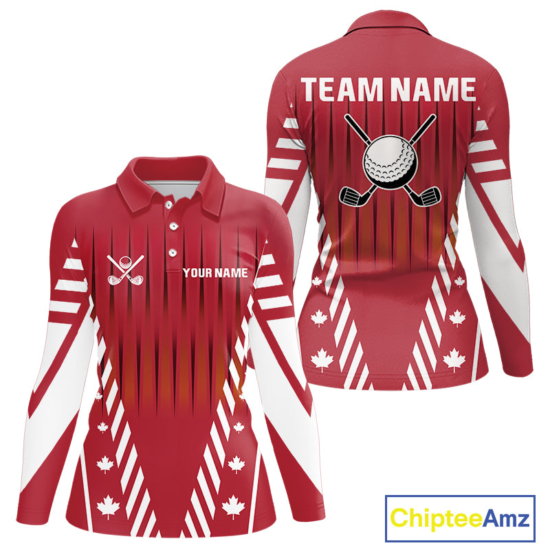 Red and White maple leaf Canadian Women golf polo shirt Custom Patriotic Golf attire For ladies NQS10185