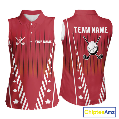 Red and White maple leaf Canadian Women sleeveless polo shirt Custom Patriotic Golf attire For ladies NQS10185