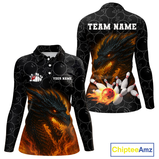 Custom Black Camo Flame Dragon Bowling Team Shirts For Women, Bowling Uniform gift for bowlers NQS10320
