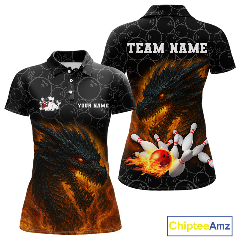 Custom Black Camo Flame Dragon Bowling Team Shirts For Women, Bowling Uniform gift for bowlers NQS10320