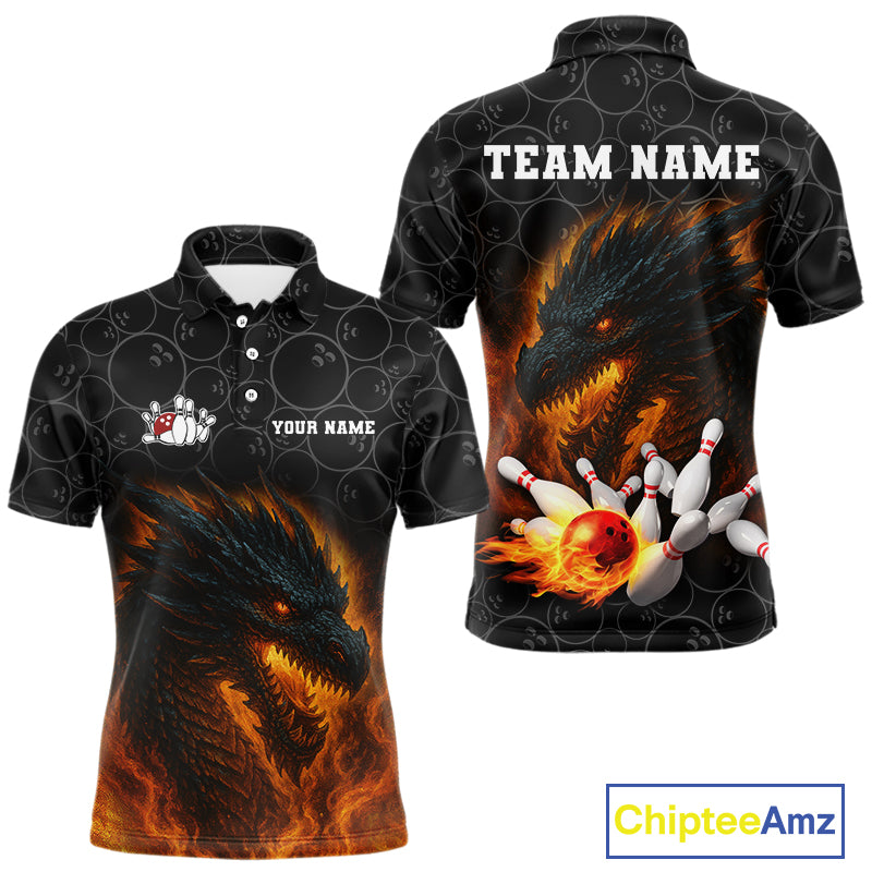 Custom Black Camo Flame Dragon Bowling Team Shirts For Men, Bowling Uniform gift for bowlers NQS10320