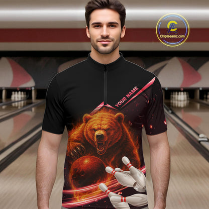 Custom Flame Bear Bowling Team Polo, Quarter zip Shirts For Men, Team Bowling Uniform NQS10321