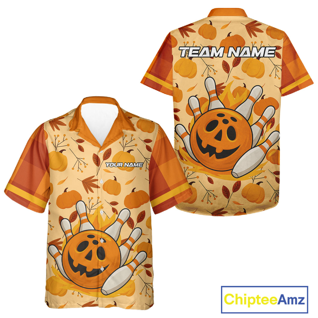Funny Pumpkin Bowling Ball and pins Bowling Hawaiian shirt custom Halloween bowling team jerseys NQS10531