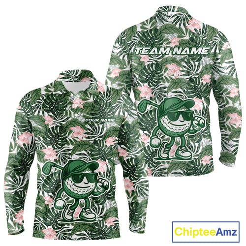 Green tropical leaf pattern pink flower funny Golf polo shirts For Men Custom mens golf outfits NQS10023