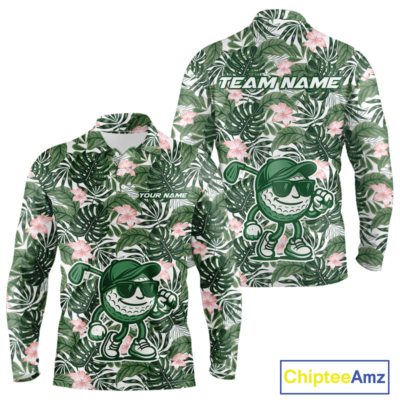 Green tropical leaf pattern pink flower funny Golf polo shirts For Men Custom mens golf outfits NQS10023