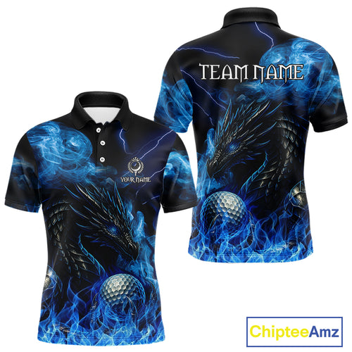 Blue Flame Dragon Golf polo shirts For Men Custom Dragon team mens golf outfits, gift for golf lover NQS10024