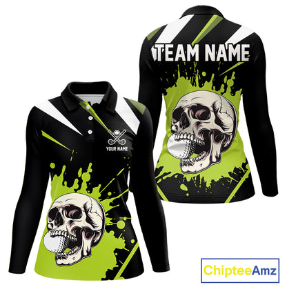 Black and Green Skull Golf polo shirts for Women Custom team golf outfits ladies, cool golf gifts NQS10025