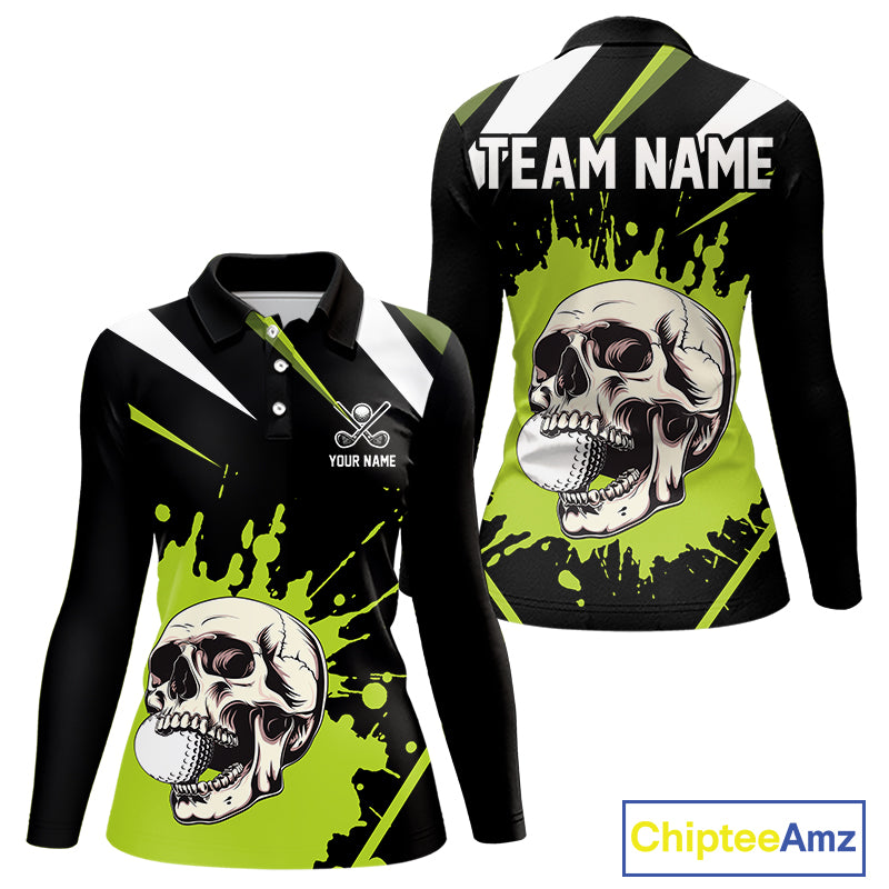 Black and Green Skull Golf polo shirts for Women Custom team golf outfits ladies, cool golf gifts NQS10025