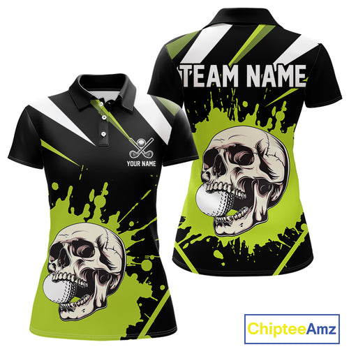 Black and Green Skull Golf polo shirts for Women Custom team golf outfits ladies, cool golf gifts NQS10025