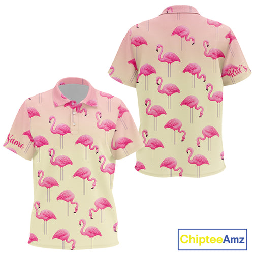 Personalized pink gradient Flamingo pattern Kid golf polo shirt Custom golf team theme outfits NQS10324